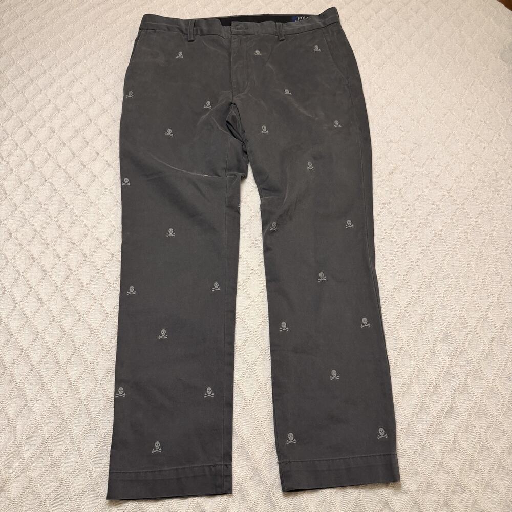 Polo Ralph Lauren Skull Embroidered Chino Pants 34x30 Slim Fit Gray Preppy Rare